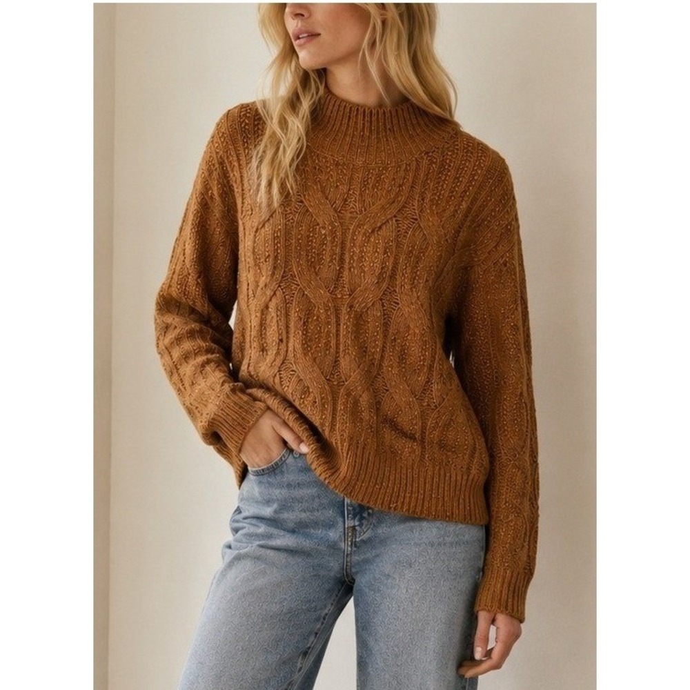 NWT ana Womens Cable Knit Funnel Neck Sweater XXL Brown Pullover Cozy Chunky